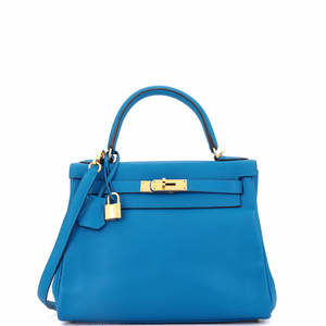 Hermes Kelly 28 Blue Evercolor with Gold Hardware